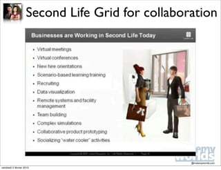 Second Life Grid for collaboration




                                                 @makemyworlds.com
vendredi 5 février 2010
 