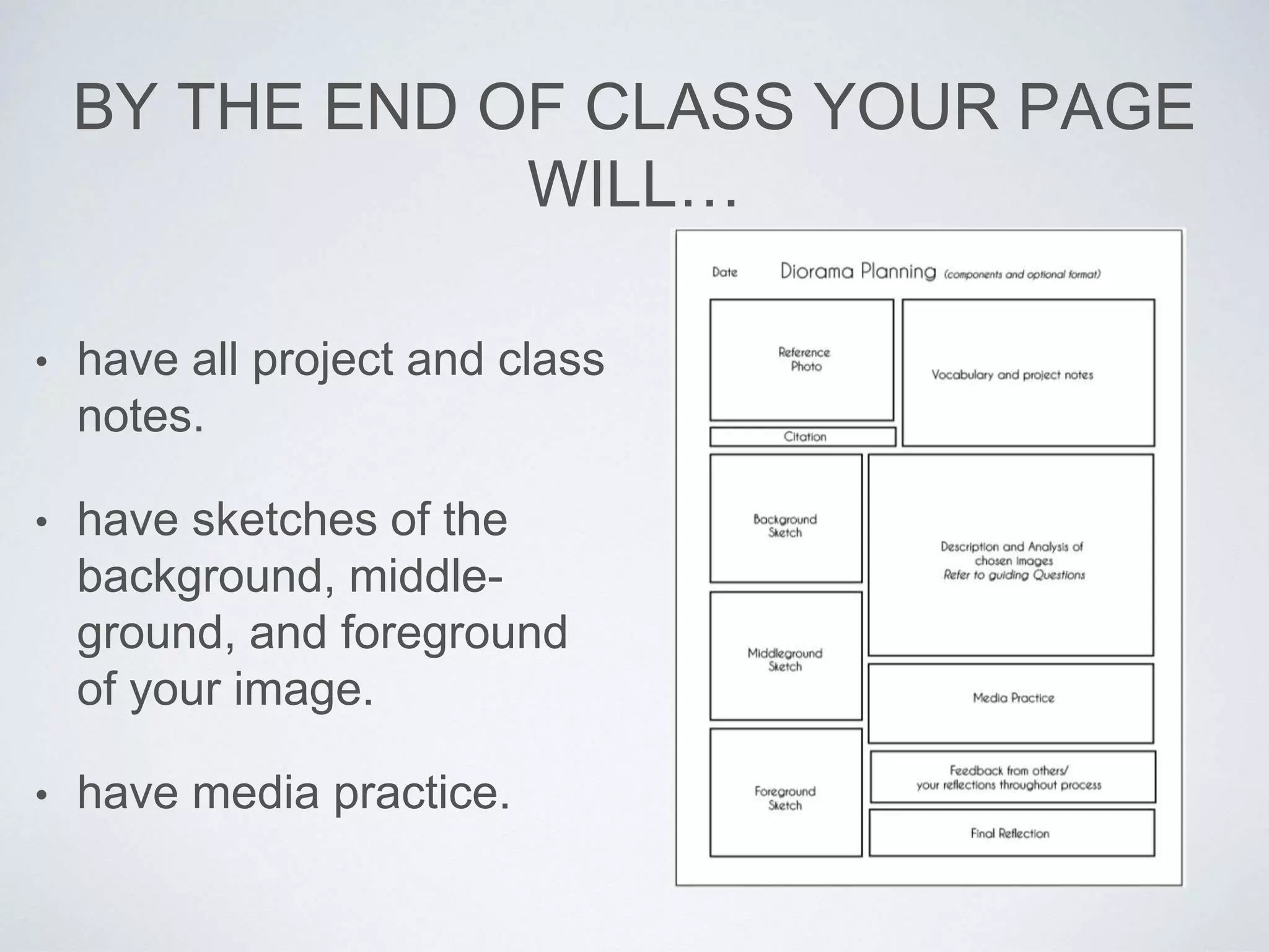 BY THE END OF CLASS YOUR PAGE 
• have all project and class 
notes. 
• have sketches of the 
background, middle-ground, 
and foreground 
of your image. 
• have media practice. 
WILL… 
 