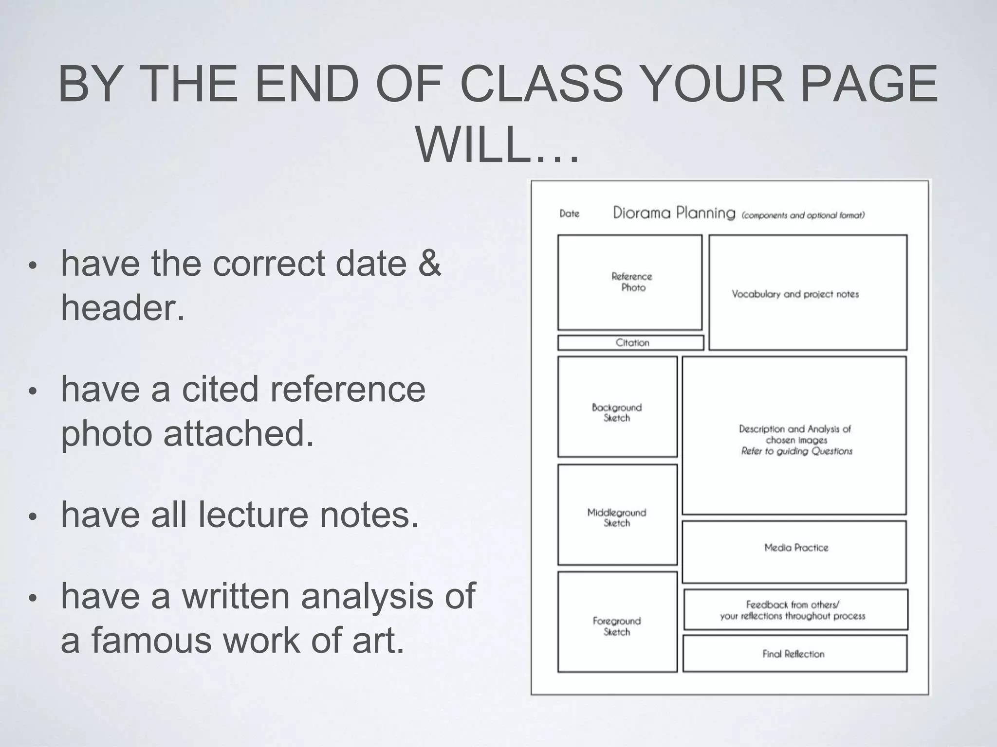 BY THE END OF CLASS YOUR PAGE 
WILL… 
• have the correct date & 
header. 
• have a cited reference 
photo attached. 
• have all lecture notes. 
• have a written analysis of 
a famous work of art. 
 
