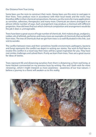 13
Our Distance from True Living
Some bees use the resin to construct their nests. Honey bees use this resin to seal gaps in
their hives. Trees produce resin in accordance with their local needs and the resins may
thereforedifferintheirchemicalcompositions.Humansusetheresinsformanyapplications
as varnishes, adhesives, therapeutics and many more. Chemicals are atoms arranged in an
almost infinite number of ways. Each arrangement may produce a chemical with different
properties. How did trees find out which chemical composition and arrangement would do
the job it does is unimaginable.
Trees have been a great source of huge number of chemicals. Anti-malaria drugs, analgesics,
rubber, oils of all kinds, perfumes and many more are examples of chemicals that we benefit
from trees. The tree of chemicals that we get from trees is so well illustrated in this link. Just
visit to wonder.
The conflict between trees and their sometimes hostile environment, pathogens, bacteria
and fungi represents the conflict we depict in writing our stories. You wish to find how to
resolve this conflict in a novel way then trees will be a great inspiration for you. They have
met similar challenges and solved them. If only we learn from trees.Trees are a great source
for ideas of stories.
Trees represent life and distancing ourselves from them is distancing us from real living. @
Irene Hackett commented on my previous buzz by writing «You and I both wish for more
«knowing», which I might interpret as more awareness - awareness of our true nature». I
believe a journey to a forest will awaken us to this reality.
 