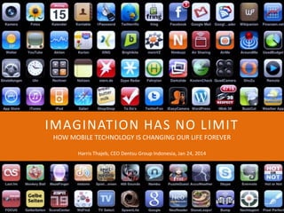 IMAGINATION HAS NO LIMIT
HOW MOBILE TECHNOLOGY IS CHANGING OUR LIFE FOREVER
Harris Thajeb, CEO Dentsu Group Indonesia, Jan 24, 2014

 