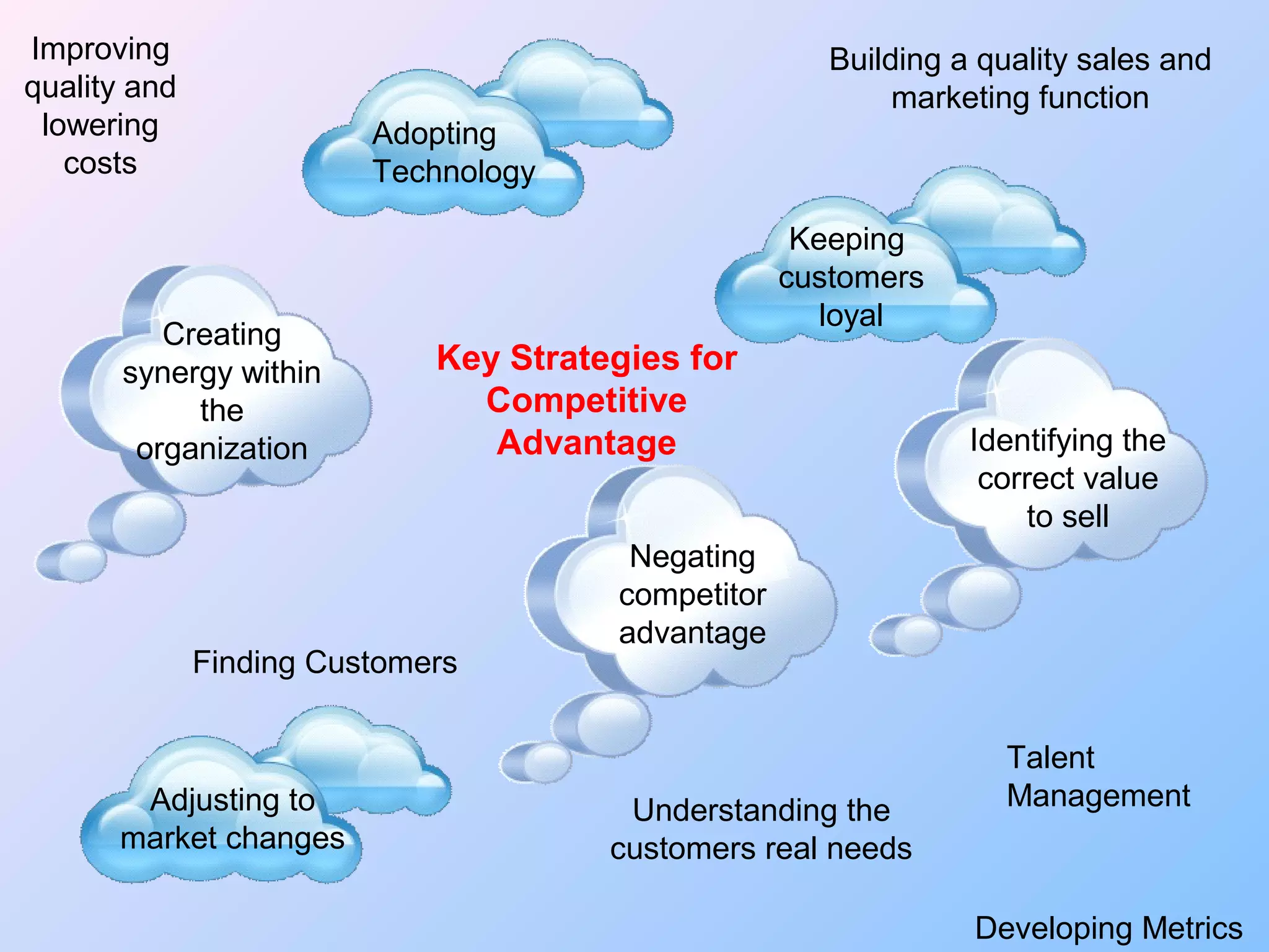 Identifying the
correct value
to sell
Finding Customers
Improving
quality and
lowering
costs
Understanding the
customers real needs
Adjusting to
market changes
Creating
synergy within
the
organization
Adopting
Technology
Developing Metrics
Talent
Management
Negating
competitor
advantage
Keeping
customers
loyal
Building a quality sales and
marketing function
Key Strategies for
Competitive
Advantage
 
