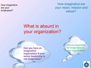 What is absurd in
your organization?
How imaginative are
your vision, mission and
values?
How imaginative
are your
employees?
Can you have an
imaginative
organization if your
senior leadership is
not imaginative?
Who is responsible
for imagination in
your organization?
 