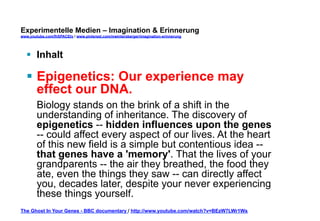 Experimentelle Medien – Imagination & Erinnerung 
www.youtube.com/fhSPACEtv / www.pinterest.com/mwintersberger/imagination-erinnerung 
§ Inhalt 
§ Epigenetics: Our experience may 
effect our DNA. 
Biology stands on the brink of a shift in the 
understanding of inheritance. The discovery of 
epigenetics -- hidden influences upon the genes 
-- could affect every aspect of our lives. At the heart 
of this new field is a simple but contentious idea -- 
that genes have a 'memory'. That the lives of your 
grandparents -- the air they breathed, the food they 
ate, even the things they saw -- can directly affect 
you, decades later, despite your never experiencing 
these things yourself. 
The Ghost In Your Genes - BBC documentary / http://www.youtube.com/watch?v=BEzW7LWr1Ws 
 