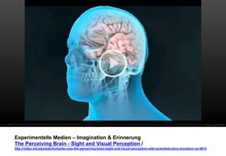 Experimentelle Medien – Imagination & Erinnerung 
The Perceiving Brain - Sight and Visual Perception / 
http://video.mit.edu/watch/charlie-rose-the-perceiving-brain-sight-and-visual-perception-with-scientists-tony-movshon-na-4815 
 