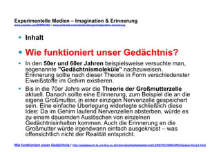 Experimentelle Medien – Imagination & Erinnerung 
www.youtube.com/fhSPACEtv / www.pinterest.com/mwintersberger/imagination-erinnerung 
§ Inhalt 
§ Wie funktioniert unser Gedächtnis? 
§ In den 50er und 60er Jahren beispielsweise versuchte man, 
sogenannte "Gedächtnismoleküle" nachzuweisen. 
Erinnerung sollte nach dieser Theorie in Form verschiedenster 
Eiweißstoffe im Gehirn existieren. 
§ Bis in die 70er Jahre war die Theorie der Großmutterzelle 
aktuell. Danach sollte eine Erinnerung, zum Beispiel die an die 
eigene Großmutter, in einer einzigen Nervenzelle gespeichert 
sein. Eine einfache Überlegung widerlegte schließlich diese 
Idee: Da im Gehirn laufend Nervenzellen absterben, würde es 
zu einem dauernden Auslöschen von einzelnen 
Gedächtnisinhalten kommen. Auch die Erinnerung an die 
Großmutter würde irgendwann einfach ausgeknipst – was 
offensichtlich nicht der Realität entspricht. 
Wie funktioniert unser Gedächtnis / http://paedpsych.jk.uni-linz.ac.at/internet/arbeitsblaetterord/LERNTECHNIKORD/Gedaechtnis3.html 
 