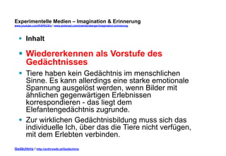 Experimentelle Medien – Imagination & Erinnerung 
www.youtube.com/fhSPACEtv / www.pinterest.com/mwintersberger/imagination-erinnerung 
§ Inhalt 
§ Wiedererkennen als Vorstufe des 
Gedächtnisses 
§ Tiere haben kein Gedächtnis im menschlichen 
Sinne. Es kann allerdings eine starke emotionale 
Spannung ausgelöst werden, wenn Bilder mit 
ähnlichen gegenwärtigen Erlebnissen 
korrespondieren - das liegt dem 
Elefantengedächtnis zugrunde. 
§ Zur wirklichen Gedächtnisbildung muss sich das 
individuelle Ich, über das die Tiere nicht verfügen, 
mit dem Erlebten verbinden. 
Gedächtnis / http://anthrowiki.at/Gedächtnis 
 