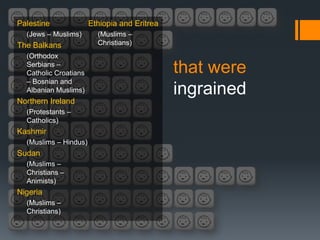 Palestine              Ethiopia and Eritrea
  (Jews – Muslims)       (Muslims –
The Balkans              Christians)
  (Orthodox
  Serbians –
  Catholic Croatians                          that were
  – Bosnian and
  Albanian Muslims)                           ingrained
Northern Ireland
  (Protestants –
  Catholics)
Kashmir
  (Muslims – Hindus)
Sudan
  (Muslims –
  Christians –
  Animists)
Nigeria
  (Muslims –
  Christians)
 
