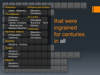 Palestine              Ethiopia and Eritrea
  (Jews – Muslims)       (Muslims –
The Balkans              Christians)
  (Orthodox          Sri Lanka
  Serbians –
  Catholic Croatians
                        (Sinhalese
                        Buddhists – Tamil     that were
  – Bosnian and         Hindus)
  Albanian Muslims) Indonesia                 ingrained
Northern Ireland         (Muslims –
  (Protestants –
  Catholics)
                         Timorese
                         Christians)
                                              for centuries
Kashmir
  (Muslims – Hindus)
                                              in all
Sudan
  (Muslims –
  Christians –
  Animists)
Nigeria
  (Muslims –
  Christians)
 