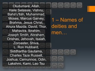 Oludumaré, Allah,
  Haile Selassie, Vishnu,
 Bahá'u'lláh, Muhammad,
 Moses, Marcus Garvey,
  Brahma, Jesus Christ,
                            1 – Names of
Ahura Mazda, David, Thor,   deities and
   Mahavira, Ibrahim,
 Joseph Smith, Abraham,
                            men…
Orishas, Jehovah, Isaiah,
    Zoroaster, Shiva,
     L. Ron Hubbard,
  Siddhartha Gautama,
  Charles Taze Russell,
Joshua, Cernunnos, Odin,
 Lakshmi, Kami, Lao Tsu
 