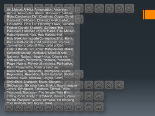 Aki Matsuri, Al-Hijra, Annunciation, Ascension,
Ashura, Assumption, Atman, Atonement, Babtism,
Bible, Candlemas, Ch'I, Christmas, Corpus Christi,
Covenant, Deification, Dharma, Diwali, Easter,
Eid ul Adha, Eid ul Fitr, Epiphany, Eruvs, Eucharist,
Fasting, Ganesh Chaturthi, Gurpurbs, Hajj,
Hanukkah, Hanuman Jayanti, Harae, Haru Matsuri,
Hatsumiyamairi, Hijab, Hola Mahalla, Holi,
Holy Week, Immaculate Conception, Jihad, Kami,
Karma, Kathina, Khordad Sal, Kippah, Krishna,
Janmashtami, Lailat al Miraj, Lailat al Qadr,
Lailat ul Bara'h, Lent, Losar, Mahashivratri, Makar,
Sankranti, Matsuri, Meditation, Milad un Nabi,
Navaratri, Navjote, Niqab, Noruz, Original sin,
Oshogatsum, Parinirvana, Passover, Pentecost,
Prayer Hymns, Pre-mortal existence, Purification,
Purim, Purushartha, Raksha Bandhan,
Rama Navami, Ramadan, Redemption, Rei-sai,
Repentance, Revelation, Rosh Hashanah, Sabbath,
Sacrifice, Salat, Samsara, Sangha, Sawm,
Seijin Shiki, Shahadah, Sharia, Shavuot,
Shichigosan, Six gahanbars, Sukkot, Swaminarayan
Jayanti, Synagogue, Talismans, Talmud, Tefillin,
Testament, Thaipusam, The Temple, Tisha B'av,
Tithing, Torah, Trinity, Tu B'Shevat, Vaisakhi, Varna,
Varsha Pratipada, Wesak, Yarmulke, Yin and yang,
Yom Hashoah, Yom Kippur, Zakat…
 