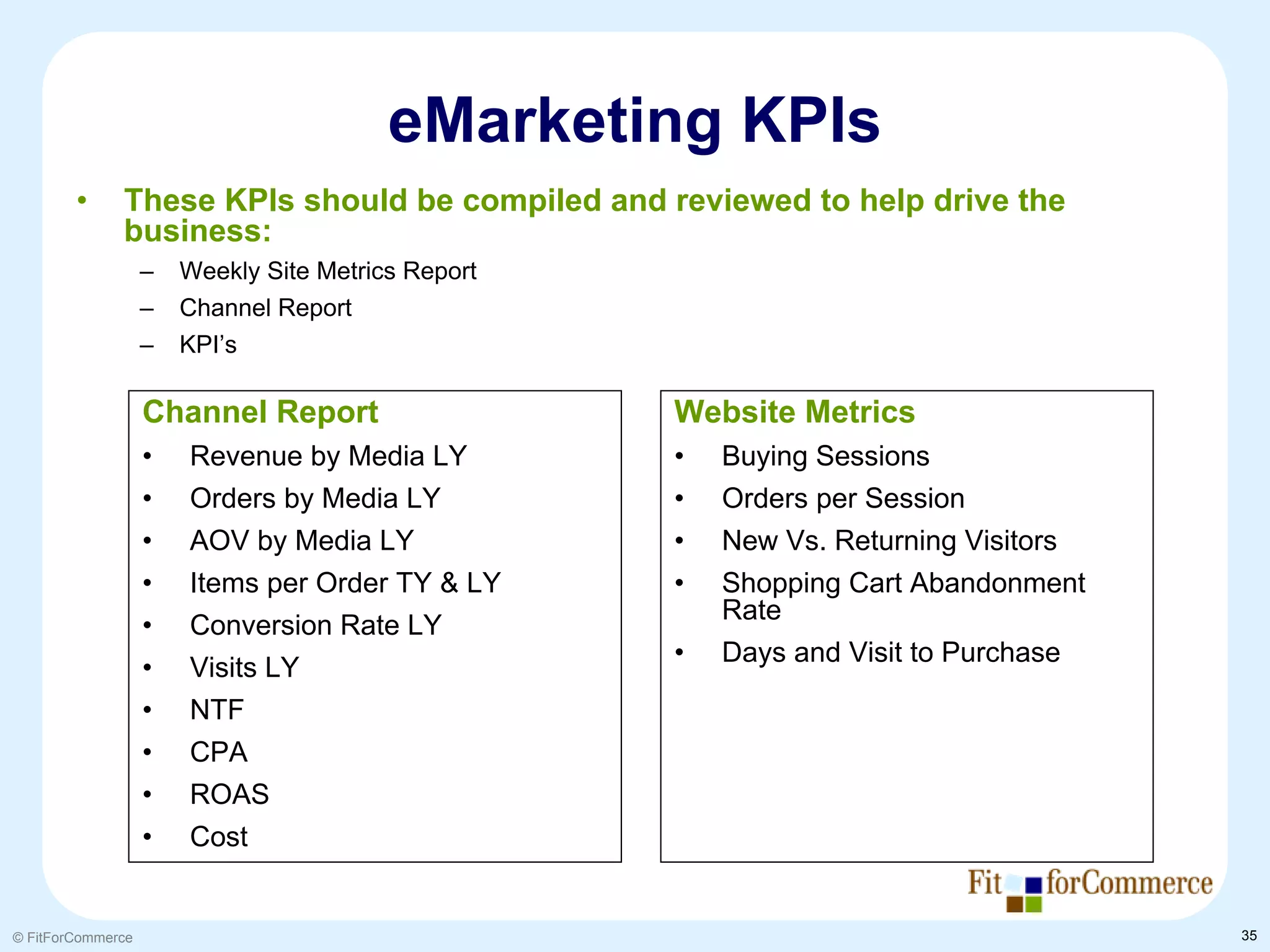 eMarketing KPIs
        •     These KPIs should be compiled and reviewed to help drive the
              business:
                   –   Weekly Site Metrics Report
                   –   Channel Report
                   –   KPI’s

                   Channel Report                   Website Metrics
                   •   Revenue by Media LY          •   Buying Sessions
                   •   Orders by Media LY           •   Orders per Session
                   •   AOV by Media LY              •   New Vs. Returning Visitors
                   •   Items per Order TY & LY      •   Shopping Cart Abandonment
                                                        Rate
                   •   Conversion Rate LY
                                                    •   Days and Visit to Purchase
                   •   Visits LY
                   •   NTF
                   •   CPA
                   •   ROAS
                   •   Cost


© FitForCommerce                                                                     35
 