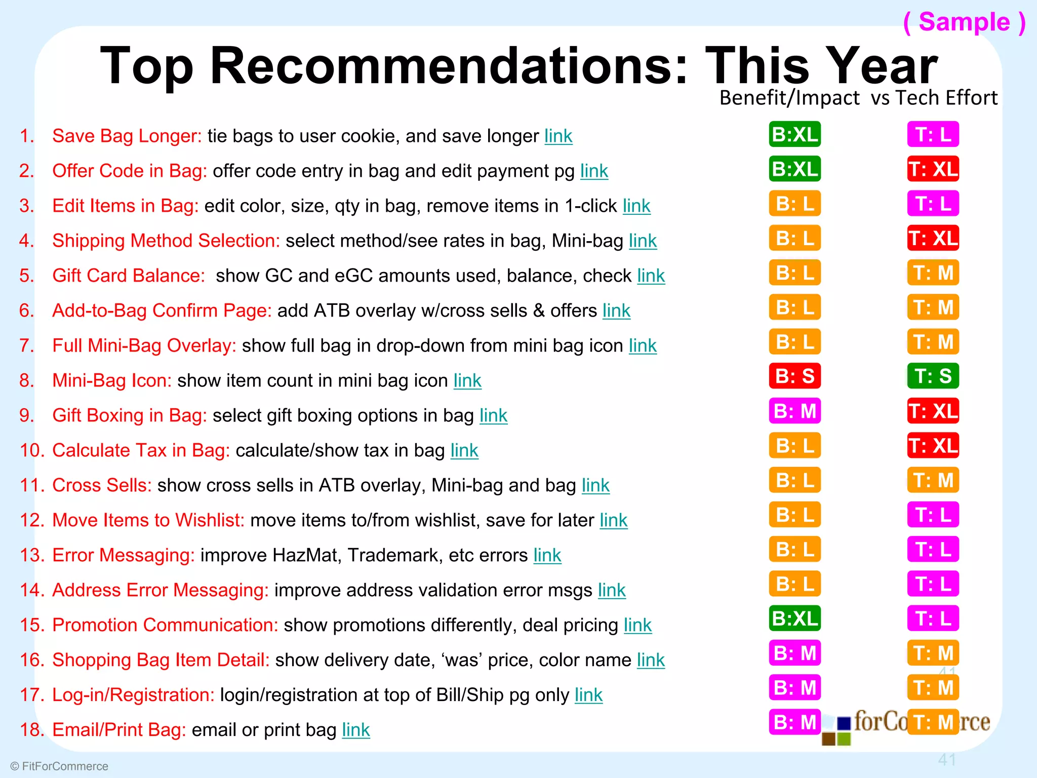 ( Sample )

              Top Recommendations: This Year
                                   Benefit/Impact  vs Tech Effort
 1. Save Bag Longer: tie bags to user cookie, and save longer link                  B:XL   T: L
 2. Offer Code in Bag: offer code entry in bag and edit payment pg link             B:XL   T: XL
 3. Edit Items in Bag: edit color, size, qty in bag, remove items in 1-click link   B: L   T: L
 4. Shipping Method Selection: select method/see rates in bag, Mini-bag link        B: L   T: XL
 5. Gift Card Balance: show GC and eGC amounts used, balance, check link            B: L   T: M
 6. Add-to-Bag Confirm Page: add ATB overlay w/cross sells & offers link            B: L   T: M
 7. Full Mini-Bag Overlay: show full bag in drop-down from mini bag icon link       B: L   T: M
 8. Mini-Bag Icon: show item count in mini bag icon link                            B: S   T: S
 9. Gift Boxing in Bag: select gift boxing options in bag link                      B: M   T: XL
 10. Calculate Tax in Bag: calculate/show tax in bag link                           B: L   T: XL
 11. Cross Sells: show cross sells in ATB overlay, Mini-bag and bag link            B: L   T: M
 12. Move Items to Wishlist: move items to/from wishlist, save for later link       B: L   T: L
 13. Error Messaging: improve HazMat, Trademark, etc errors link                    B: L   T: L
 14. Address Error Messaging: improve address validation error msgs link            B: L   T: L
 15. Promotion Communication: show promotions differently, deal pricing link        B:XL   T: L

 16. Shopping Bag Item Detail: show delivery date, ‘was’ price, color name link     B: M   T: M
                                                                                             41
 17. Log-in/Registration: login/registration at top of Bill/Ship pg only link       B: M   T: M

 18. Email/Print Bag: email or print bag link                                       B: M   T: M
                                                                                              41

© FitForCommerce                                                                             41
 