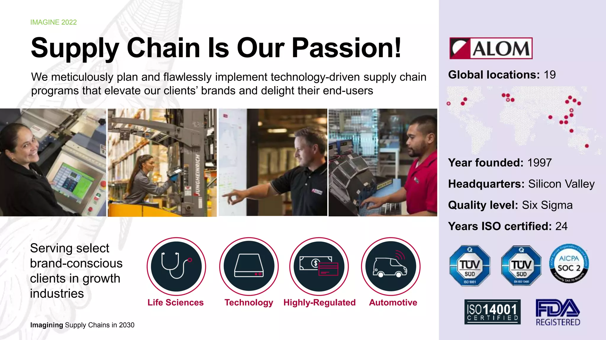Imagining Supply Chains in 2030
IMAGINE 2022
Supply Chain Is Our Passion!
Quality level: Six Sigma
Years ISO certified: 24
Year founded: 1997
Headquarters: Silicon Valley
We meticulously plan and flawlessly implement technology-driven supply chain
programs that elevate our clients’ brands and delight their end-users
Serving select
brand-conscious
clients in growth
industries
Global locations: 19
Life Sciences Technology Highly-Regulated Automotive
 