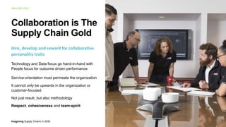 Imagining Supply Chains in 2030
IMAGINE 2022
11
Collaboration is The
Supply Chain Gold
Hire, develop and reward for collaborative
personality traits
Technology and Data focus go hand-in-hand with
People focus for outcome driven performance
Service-orientation must permeate the organization
It cannot only be upwards in the organization or
customer-focused
Not just result, but also methodology
Respect, cohesiveness and team-spirit
 