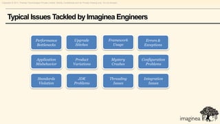 Copyright © 2011, Pramati Technologies Private Limited. Strictly Confidential and for Private Viewing only. Do not forward.




     Typical Issues Tackled by Imaginea Engineers


                                   Performance                               Upgrade                             Framework      Errors &
                                    Bottlenecks                              Hitches                               Usage       Exceptions



                                    Application                             Product                                 Mystery   Configuration
                                    Misbehavior                            Variations                               Crashes     Problems



                                      Standards                               JDK                                 Threading    Integration
                                      Violation                             Problems                                Issues        Issues
 