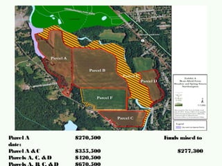 Parcel A $270,500 Funds raised to
date:
Parcel A &C $355,500 $277,300
Parcels A, C, &D $420,500