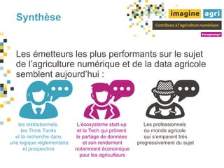 Synthèse
Les émetteurs les plus performants sur le sujet
de l’agriculture numérique et de la data agricole
semblent aujourd’hui :
les institutionnels,
les Think Tanks
et la recherche dans
une logique règlementaire
et prospective
L’écosystème start-up
et la Tech qui prônent
le partage de données
et son rendement
notamment économique
pour les agriculteurs
Les professionnels
du monde agricole
qui s’emparent très
progressivement du sujet
 