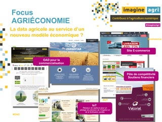 Focus
AGRIÉCONOMIE
La data agricole au service d’un
nouveau modèle économique ?
IoT
Réseaux de capteurs pour un
pilotage de précision de l’irrigation et
de la fertilisation azotée
Site E-commerce
OAD pour la
commercialisation
Pôle de compétitivité
Soutiens financiers
#OAD
#IoT
#commerce
 