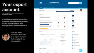 Screenshot of Figma
A digital export service that provides
one place where exporters can easily
access multiple systems, and
manage all their interactions with us.


Key concepts for a future state world we can
explore and validate
Your export
account.
Our user in this
example is Trinh. She
is an export manager
for Cowra Lamb and
has logged in.


 
