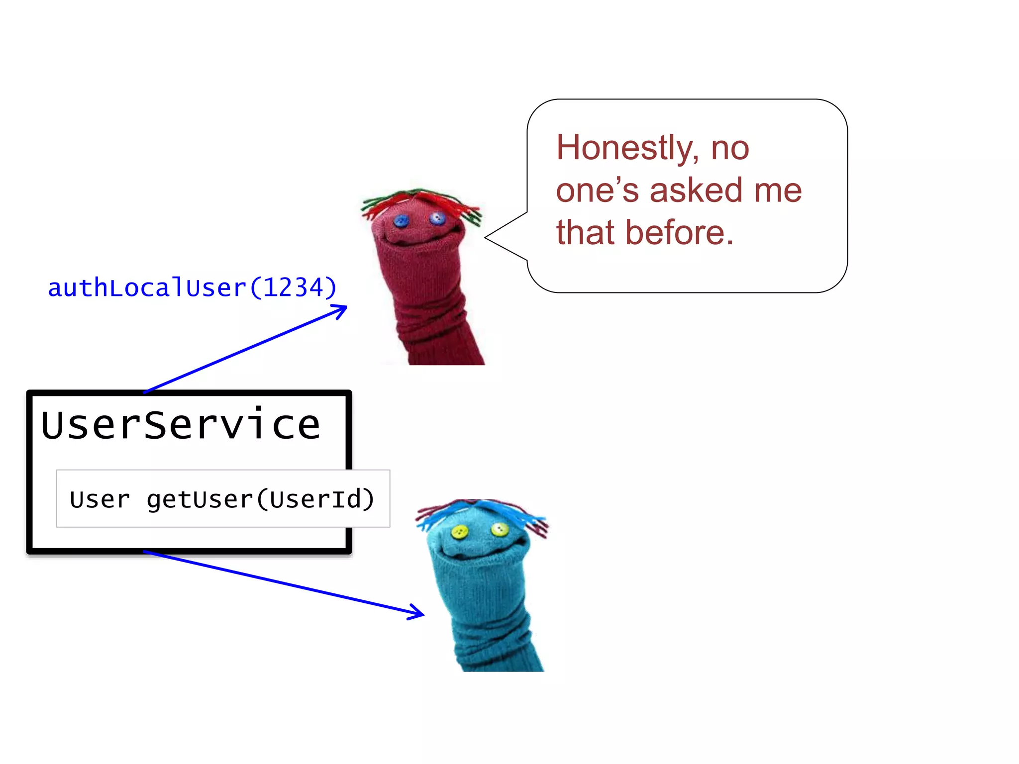 UserService
User getUser(UserId)
Honestly, no
one’s asked me
that before.
authLocalUser(1234)
 