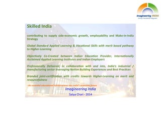 Skilled 
India 
contribu1ng 
to 
supply 
side-­‐economic 
growth, 
employability 
and 
Make-­‐in-­‐India 
Strategy 
Global 
Standard 
Applied 
Learning 
& 
Voca5onal 
Skills 
with 
merit 
based 
pathway 
to 
Higher-­‐Learning 
Objec5vely 
Co-­‐Created 
between 
Indian 
Educa5on 
Provider, 
Interna5onally 
Acclaimed 
Applied 
Learning 
Ins5tutes 
and 
Indian 
Employers 
Professionally 
Delivered, 
in 
collabora5on 
with 
and 
into, 
India’s 
industrial 
/ 
manufacturing 
sector 
leveraging 
Na5on 
Building 
Experiences 
and 
Best 
Prac5ces 
Branded 
joint-­‐cer5fica5on 
with 
credits 
towards 
Higher-­‐Learning 
on 
merit 
and 
resourcefulness 
-­‐ 
An 
essen5al 
educa5onal 
infrastructure 
into 
India’s 
economic 
future 
Imagineering 
India 
Satya 
Chari 
-­‐ 
2014 
 