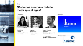 ¿Podemos crear una bebida
mejor que el agua?
Roselyne
Chane
Innovation and Business at
Snack Saludable
Marcio
Barradas
Founder at Food Ink,
Food Bytes
Juan Manuel
Umbert
Plat, Institute of Augmented
Gastronomy, R&D
IMPROVING WATER
TROUGH TECHNOLOGY
Dreamers Proyecto
Main sponsor
Reto
 