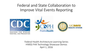 Federal and State Collaboration to
Improve Vital Events Reporting
Federal Health Architecture Learning Series
HIMSS FHA Technology Showcase Demos
April 1, 2016
 