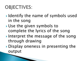  Identify the name of symbols used
in the song
 Use the given symbols to
complete the lyrics of the song
 Interpret the message of the song
through drawing
 Display oneness in presenting the
output
 