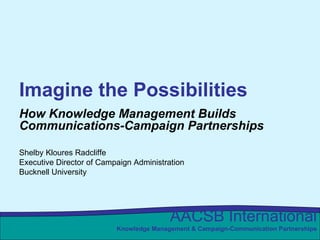 Imagine the Possibilities How Knowledge Management Builds Communications-Campaign Partnerships Shelby Kloures Radcliffe Executive Director of Campaign Administration Bucknell University 
