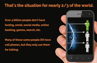 That’s the situation for nearly 2/3 of the world.
Over 4 billion people don’t have
texting, email, social media, online
banking, games, search, etc.
Many of these same people DO have
cell phones, but they only use them
for talking.
 