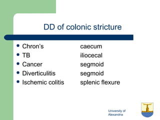 University of
Alexandria
DD of colonic stricture
 Chron’s caecum
 TB iliocecal
 Cancer segmoid
 Diverticulitis segmoid
 Ischemic colitis splenic flexure
 