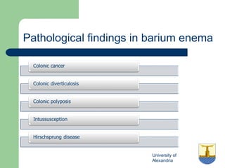 University of
Alexandria
Pathological findings in barium enema
 