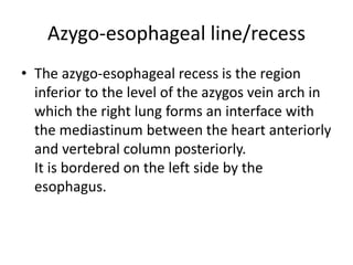 Azygo-esophageal line/recess
• The azygo-esophageal recess is the region
inferior to the level of the azygos vein arch in
which the right lung forms an interface with
the mediastinum between the heart anteriorly
and vertebral column posteriorly.
It is bordered on the left side by the
esophagus.
 