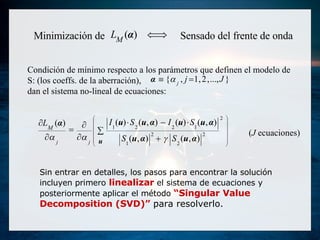 Minimización de  Sensado del frente de onda  Condición de mínimo respecto a los parámetros que definen el modelo de S:  ( los  coeffs.  de la aberración ),   dan el sistema no-lineal de ecuaciones: ( J  e cuaciones ) Sin entrar en detalles, los pasos para encontrar la solución incluyen primero   linealizar   el sistema de ecuaciones y posteriormente aplicar el método  “Singular Value Decomposition (SVD)”  para resolverlo. 