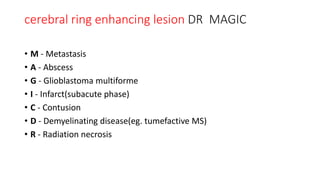 cerebral ring enhancing lesion DR MAGIC
• M - Metastasis
• A - Abscess
• G - Glioblastoma multiforme
• I - Infarct(subacute phase)
• C - Contusion
• D - Demyelinating disease(eg. tumefactive MS)
• R - Radiation necrosis
 