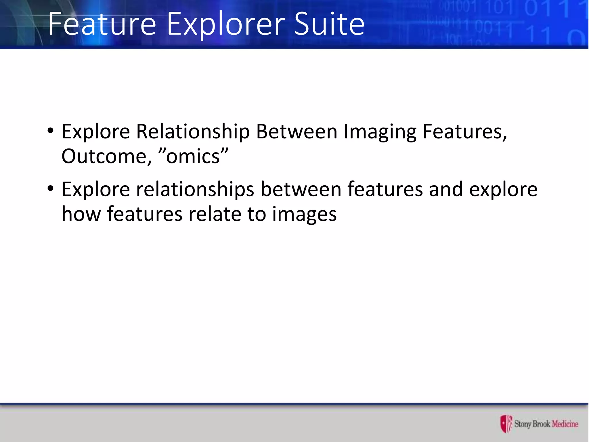 Feature Explorer Suite
• Explore Relationship Between Imaging Features,
Outcome, ”omics”
• Explore relationships between features and explore
how features relate to images
 