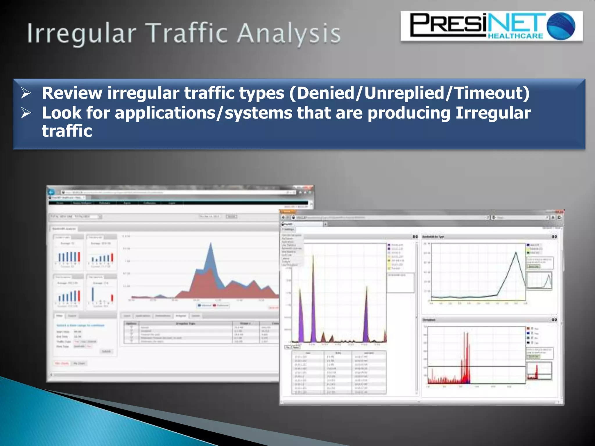  Review irregular traffic types (Denied/Unreplied/Timeout)
 Look for applications/systems that are producing Irregular
traffic
 