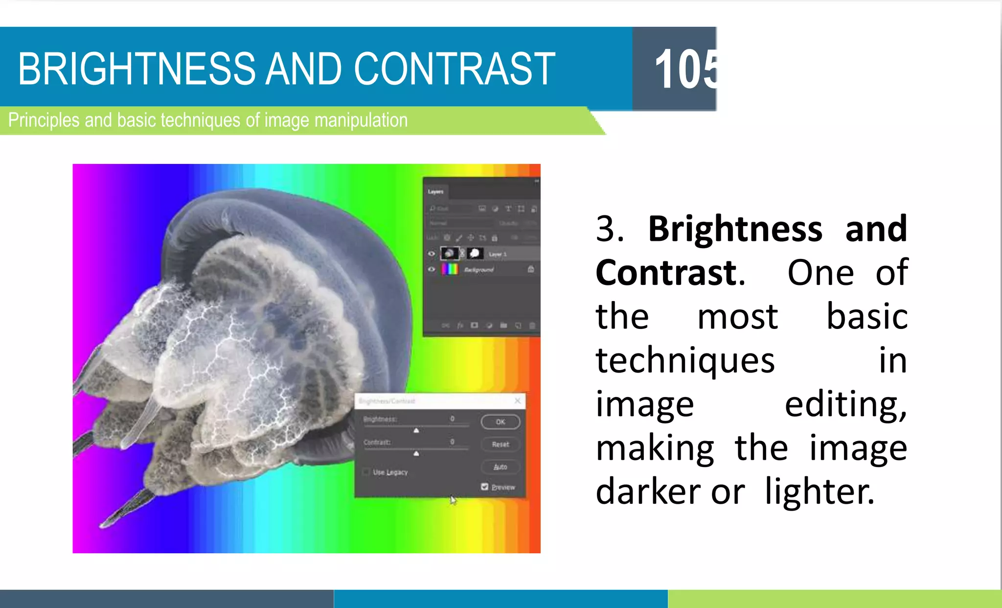 BRIGHTNESS AND CONTRAST
Principles and basic techniques of image manipulation
105
3. Brightness and
Contrast. One of
the most basic
techniques in
image editing,
making the image
darker or lighter.
 