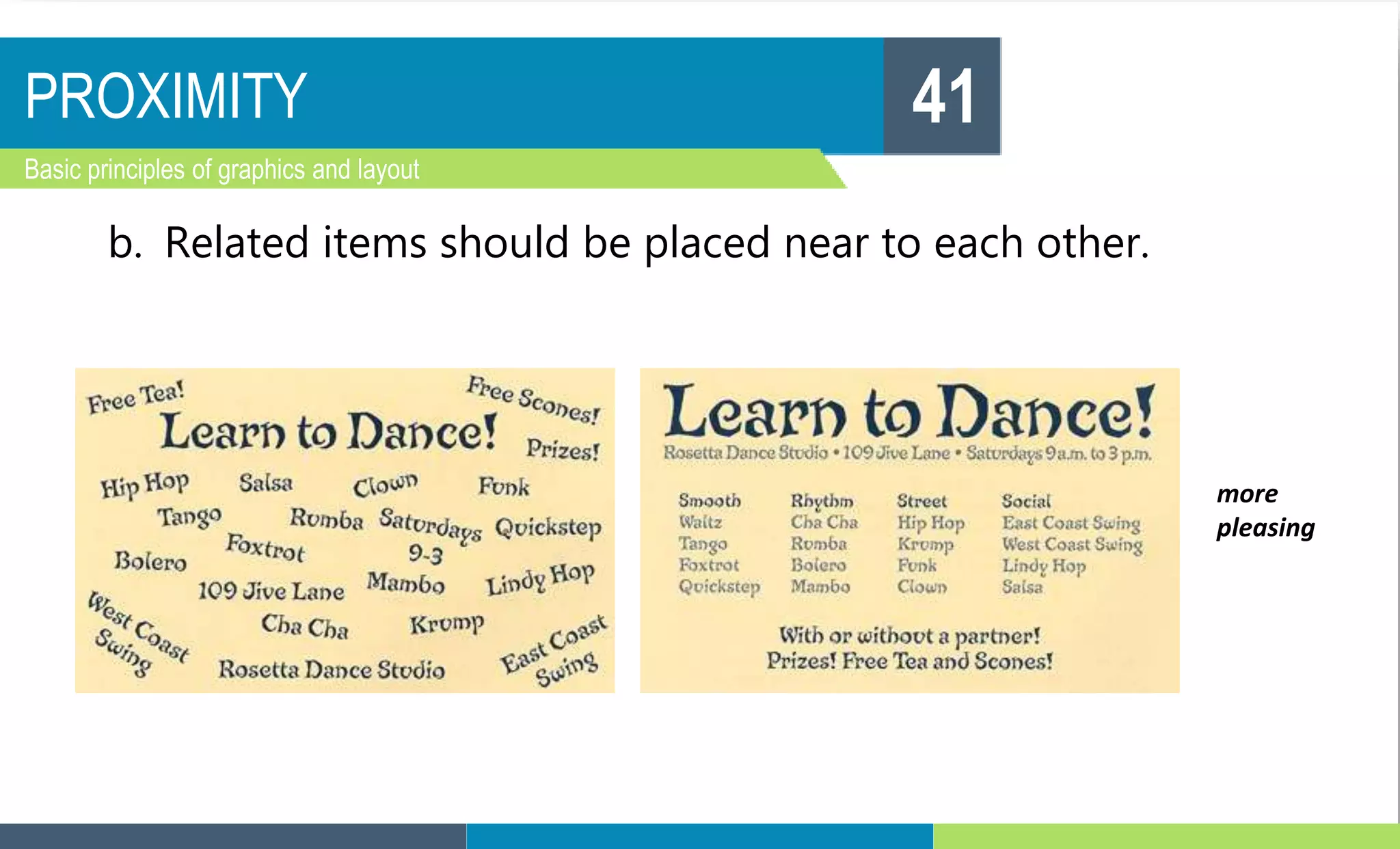 PROXIMITY
Basic principles of graphics and layout
41
b. Related items should be placed near to each other.
more
pleasing
 