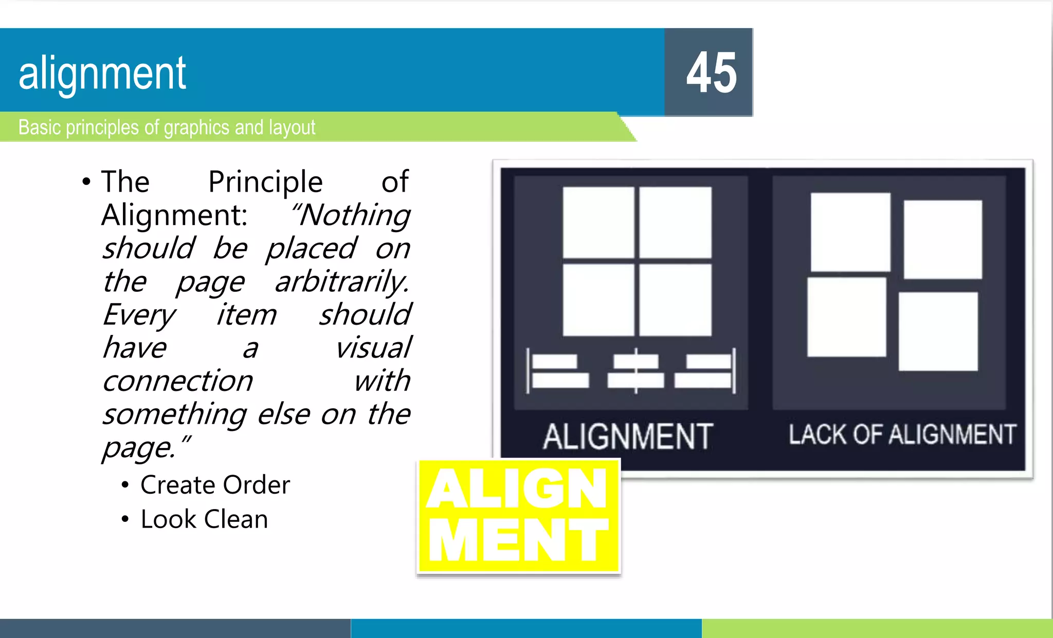 alignment
Basic principles of graphics and layout
45
• The Principle of
Alignment: “Nothing
should be placed on
the page arbitrarily.
Every item should
have a visual
connection with
something else on the
page.”
• Create Order
• Look Clean
ALIGN
MENT
 
