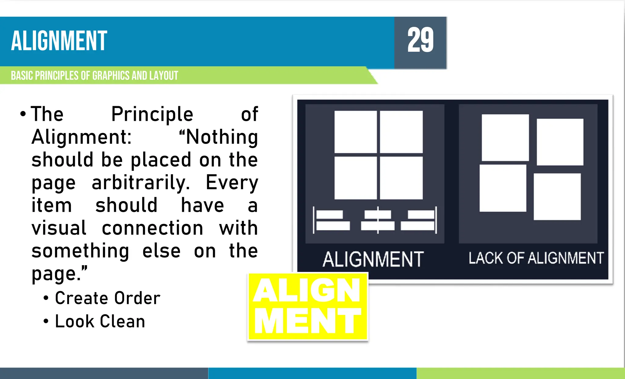 alignment
Basic principles of graphics and layout
29
• The Principle of
Alignment: “Nothing
should be placed on the
page arbitrarily. Every
item should have a
visual connection with
something else on the
page.”
• Create Order
• Look Clean
ALIGN
MENT
 