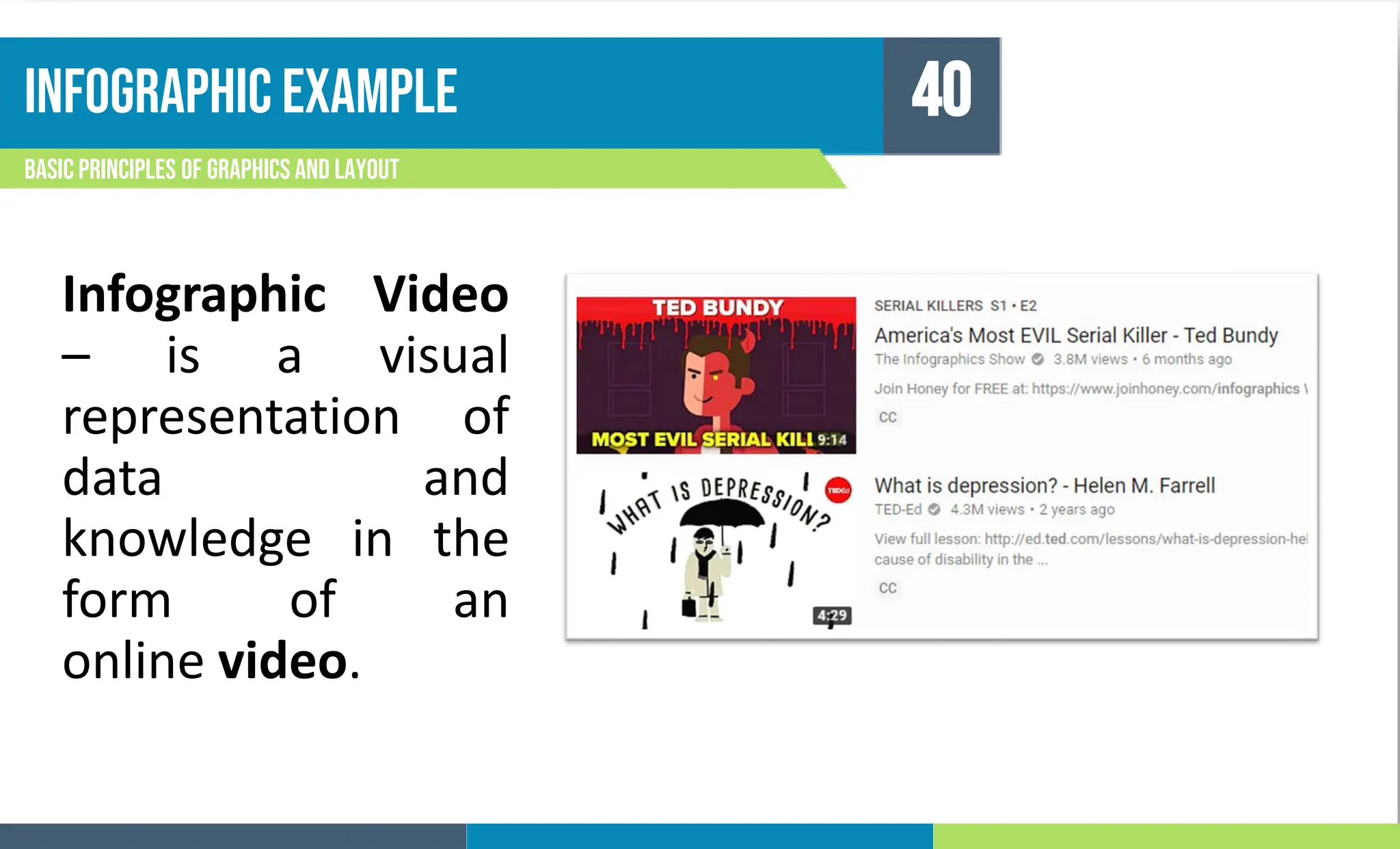 INFOGRAPHIC EXAMPLE
Basic principles of graphics and layout
40
Infographic Video
– is a visual
representation of
data and
knowledge in the
form of an
online video.
 