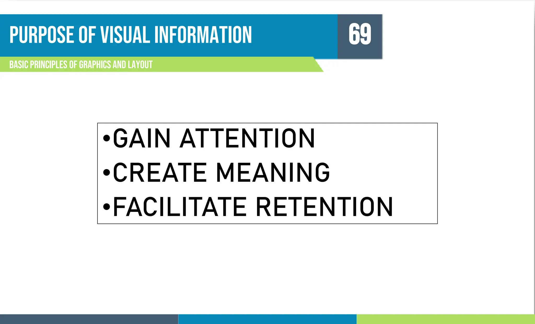 Purpose of visual information
Basic principles of graphics and layout
69
•GAIN ATTENTION
•CREATE MEANING
•FACILITATE RETENTION
 