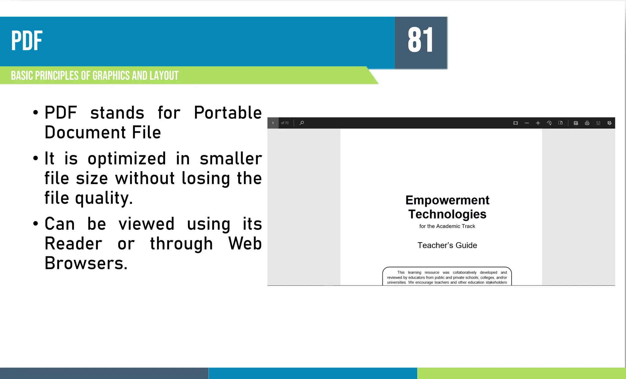 pdf
Basic principles of graphics and layout
81
• PDF stands for Portable
Document File
• It is optimized in smaller
file size without losing the
file quality.
• Can be viewed using its
Reader or through Web
Browsers.
 