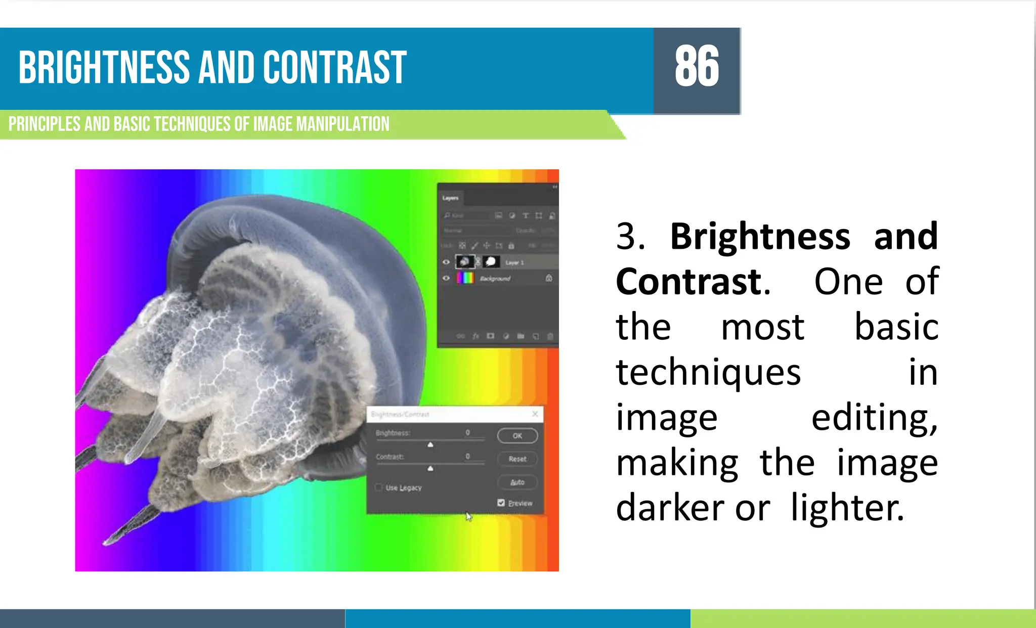 BRIGHTNESS AND CONTRAST
Principles and basic techniques of image manipulation
86
3. Brightness and
Contrast. One of
the most basic
techniques in
image editing,
making the image
darker or lighter.
 