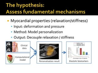  Myocardial properties (relaxation/stiffness)
 Input: deformation and pressure
 Method: Model personalization
 Output: Decouple relaxation / stiffness
 