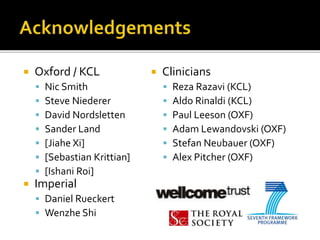  Oxford / KCL
 Nic Smith
 Steve Niederer
 David Nordsletten
 Sander Land
 [Jiahe Xi]
 [Sebastian Krittian]
 [Ishani Roi]
 Imperial
 Daniel Rueckert
 Wenzhe Shi
 Clinicians
 Reza Razavi (KCL)
 Aldo Rinaldi (KCL)
 Paul Leeson (OXF)
 Adam Lewandovski (OXF)
 Stefan Neubauer (OXF)
 Alex Pitcher (OXF)
 