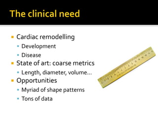  Cardiac remodelling
 Development
 Disease
 State of art: coarse metrics
 Length, diameter, volume…
 Opportunities
 Myriad of shape patterns
 Tons of data
 