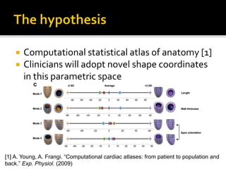  Computational statistical atlas of anatomy [1]
 Clinicians will adopt novel shape coordinates
in this parametric space
[1] A. Young, A. Frangi. “Computational cardiac atlases: from patient to population and
back.” Exp. Physiol. (2009)
 